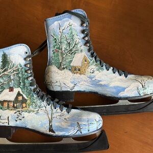 Christmas Painted Ice Skates. Winter Scene.
